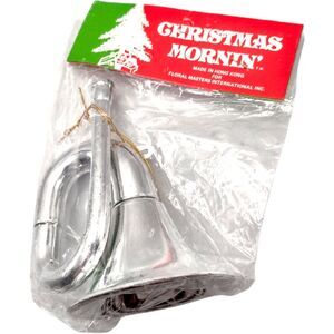 Vintage 1970s Christmas Mornin Shiny Silver French Horn Ornament New in Package